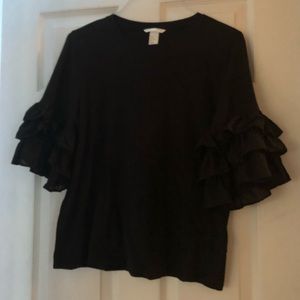 H&M ruffle sleeve T-shirt size M black